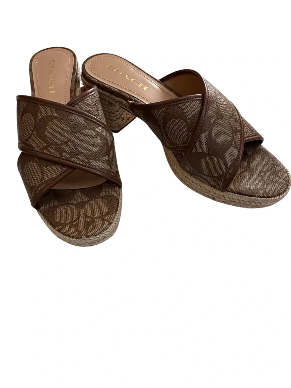 Coach Sloan Signature Espadrille Brown Canvas Crisscross Slide Mules, 8.5B